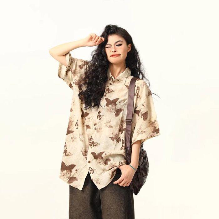 

Унисекс 2025 Рубашка с коротким рукавом из ледяного шелка с принтом бабочек - Прохладный, Ретро летний стиль Medium (M)