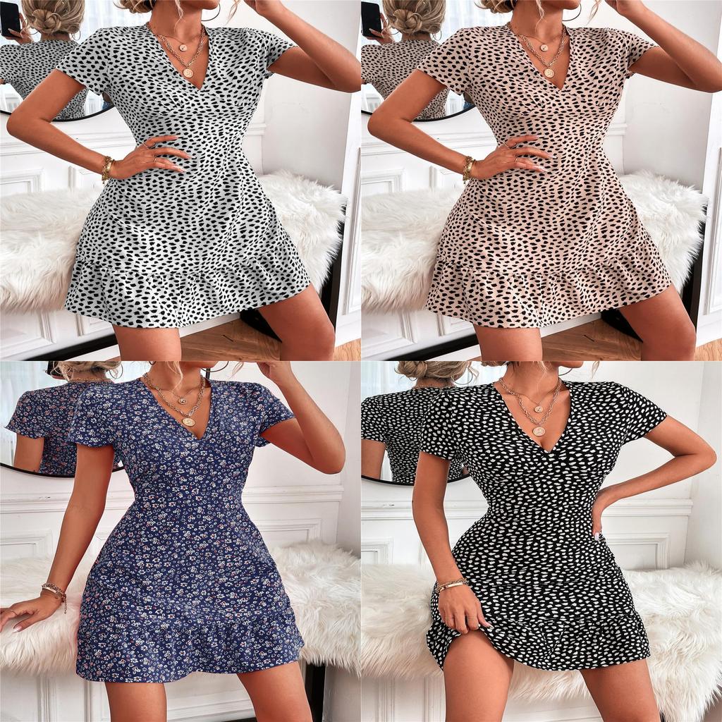 Summer Chic Floral Print V Neck Dress With Ruffle Hem For Casual And Beach Wear