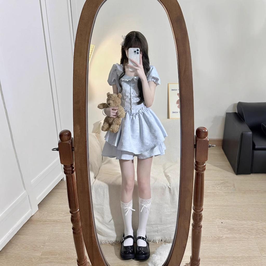 Coffee Break Doll Collar French Retro Dress Fairy Dress Princess Fluffy Short Skirt Square Collar Bubble Sleeve Floral Skirt
