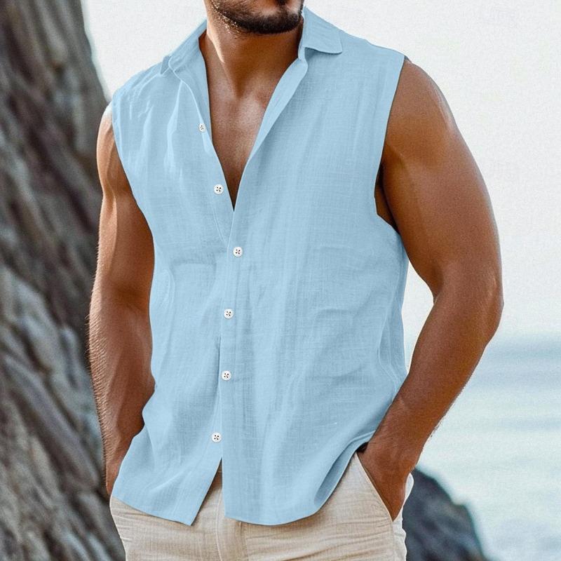Men Linen Blend Sleeveless Button Down Shirt Lapel Collar Casual Summer Beach Tank Top S