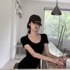 Pure desire style U-neck low-cut T-shirt hip skirt black dress women's solid color sexy short skirt slim and thin bottoming skirt