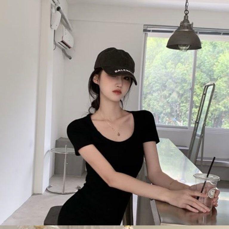 Pure desire style U-neck low-cut T-shirt hip skirt black dress women's solid color sexy short skirt slim and thin bottoming skirt