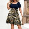 Women's Fashionable And Trendy Round Neck Short Sleeved Waist Print Dress In Plus Size