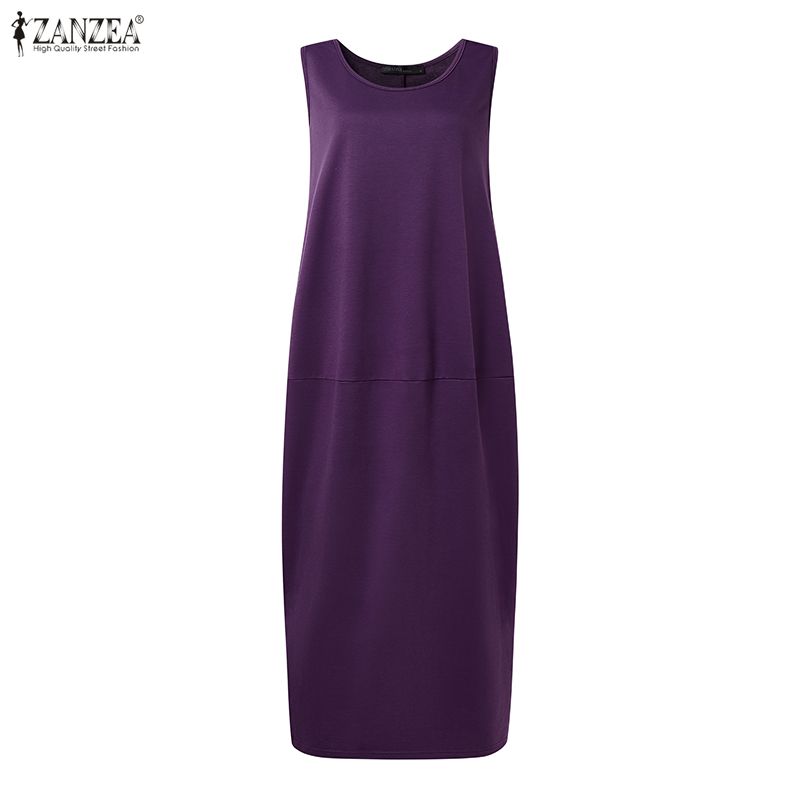 ZANZEA Women Casual Round Neck Sleeveless Loose Long Dress with Pockets