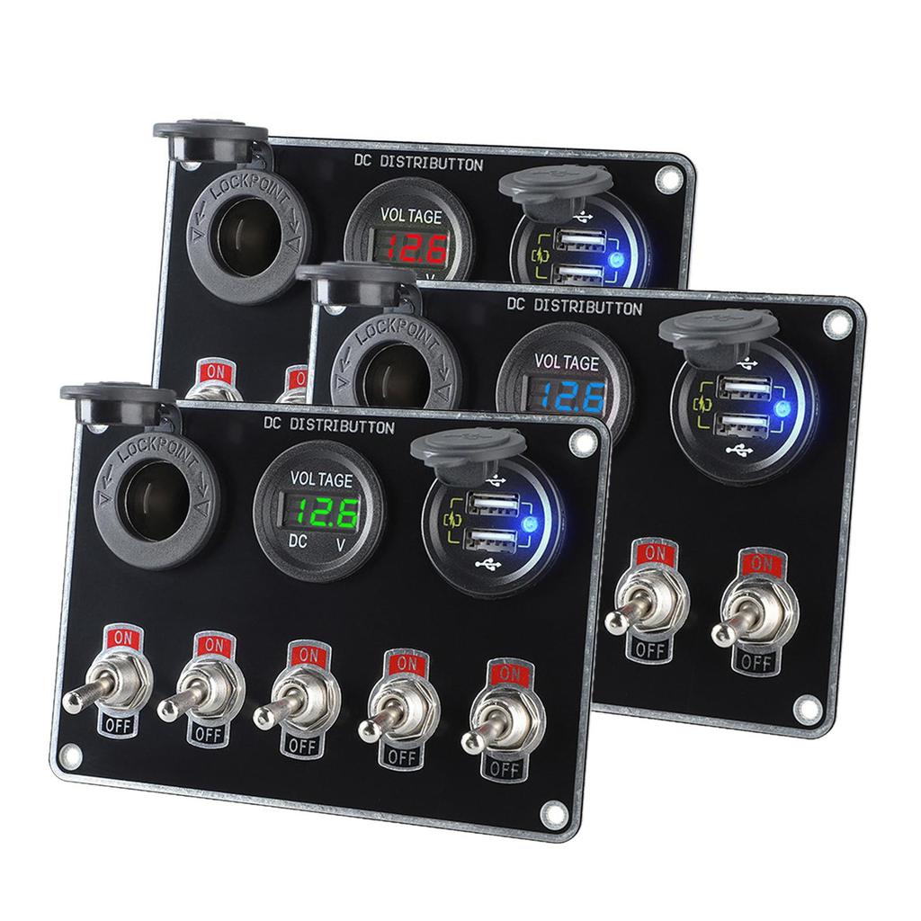Multi-Function 5 Gang Rocker Toggle Switch Panel USB Charger Waterproof Control Relay System Circuit Control Boat Truck RV