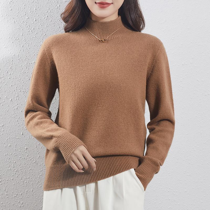 Women's Light Luxury Wool Pullover – Half-High Collar, Thick Knit, Loose Fit, 100% Wool, Perfect for Autumn/Winter.