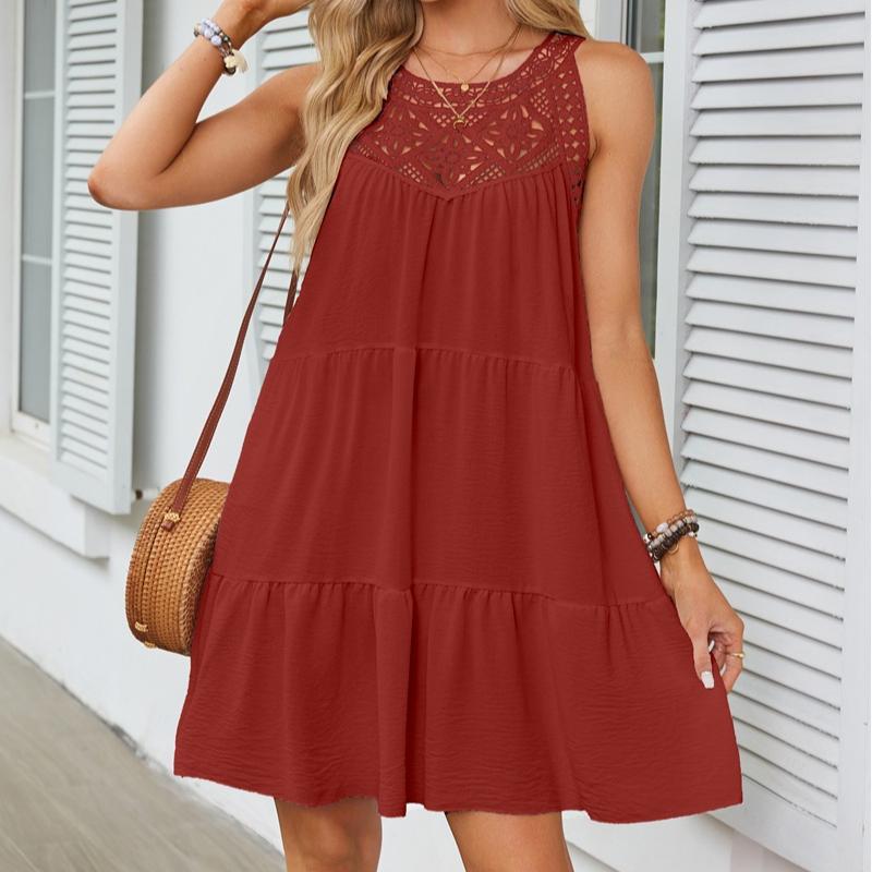 VEZFAA Damenmode Sommer Frühling Einfarbig Druck Ärmellos Hängender Hals Lose Taille Freizeitkleider