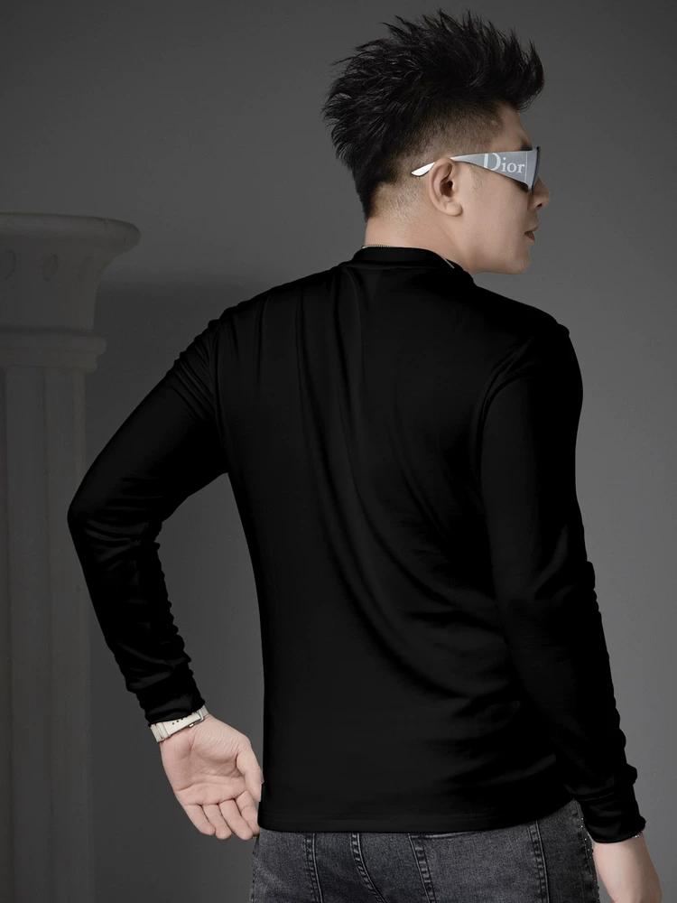 European-Style Men's Long-Sleeve T-Shirt 2025 New Trendy Brand Printed Casual Top Men's Autumn Half-Turtleneck Base Shirt