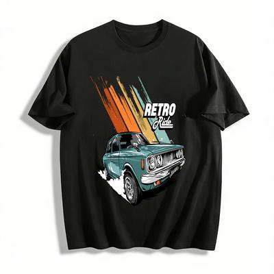 Vintage Classic Car Print Casual T-Shirt Men's Retro Trendy Loose Top Pure Cotton T-shirt