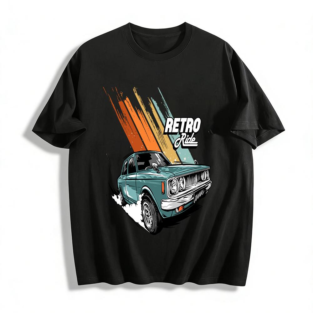 Vintage Classic Car Print Casual T-Shirt Men s Retro Trendy Loose Top Pure cotton T-shirt XXS