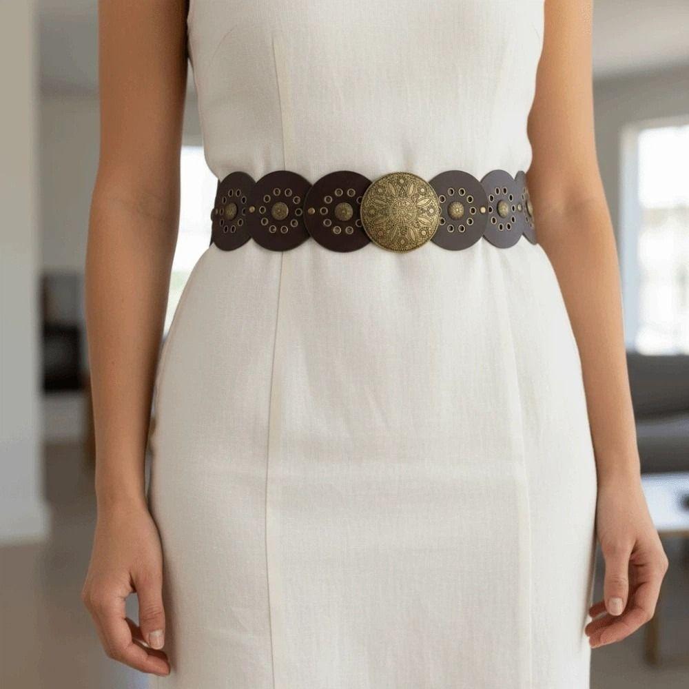 Zinc Zinc Alloy Ethnic Style Rivet Belt Y2K Disc PU Hollow Waistband Vintage Concho Wide Belt Waist Seal