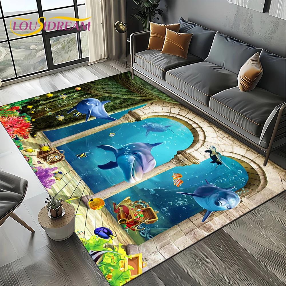 Underwater World 3D Illusion Seabed Cartoon Shark Dolphin Carpet Rug for Living Room Bedroom Home Sofa Decoration,Floor Mat Kid