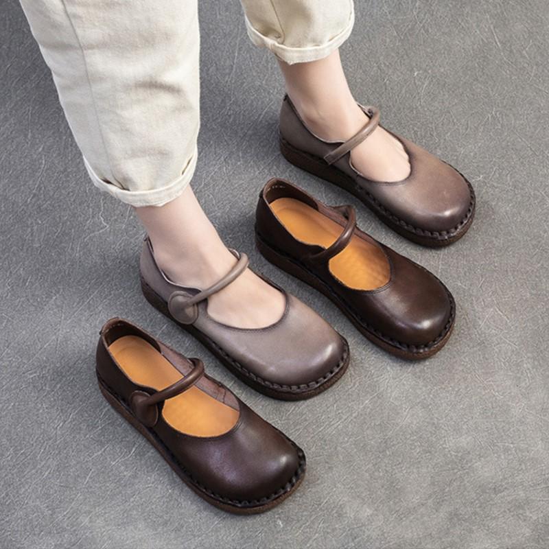 Johnature Flache Retro-Schuhe aus echtem Leder mit weicher Sohle, bequeme, leichte Pendlerschuhe für Damen