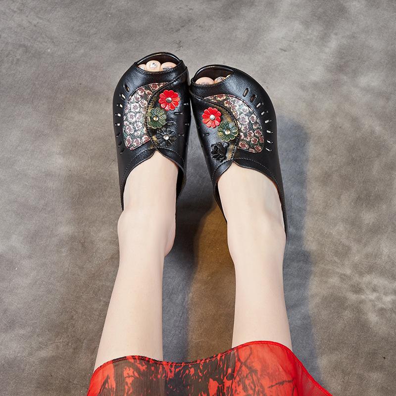 Slippers summer 2025 new first-layer cowhide thick heel soft-soled sandals outer wear ethnic style hollow breathable hole shoes