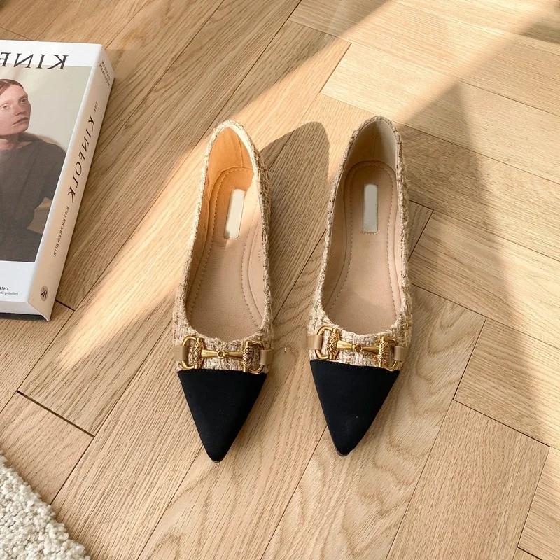 Fashion 2025 Spring and Autumn New Pointed Toe Single Shoes Shallow Mouth Slip-on Flats Metal Decoration Low-heeled Women's Shoes