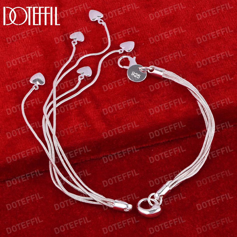 925 Sterling Silver Multi Snake Chain Heart-shaped Pendant Bracelet Fashionable Wedding Jewelry