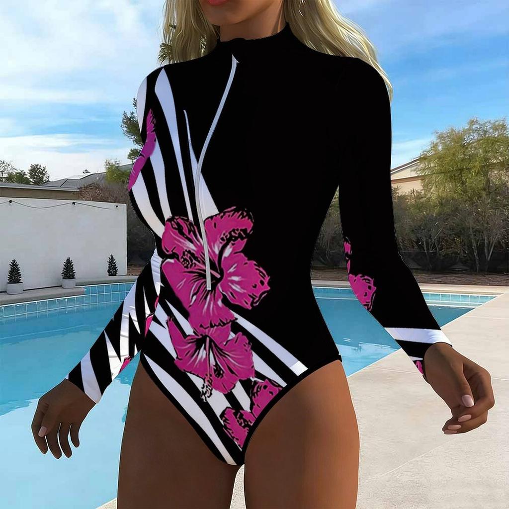 Women Long Sleeve One Piece Swimsuit Zip Front  Floral Stripes  Print Rash Guard Surfing Bathing Suit