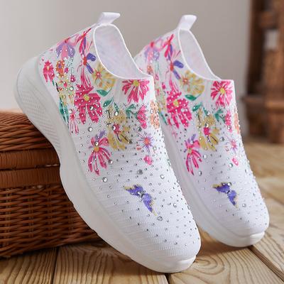 Women Vulcanized Shoes Summer Sneakers Flower Prints Knitted Slip On Flats Shiny Crystal Breathable Mesh Loafers Zapatos Mujer