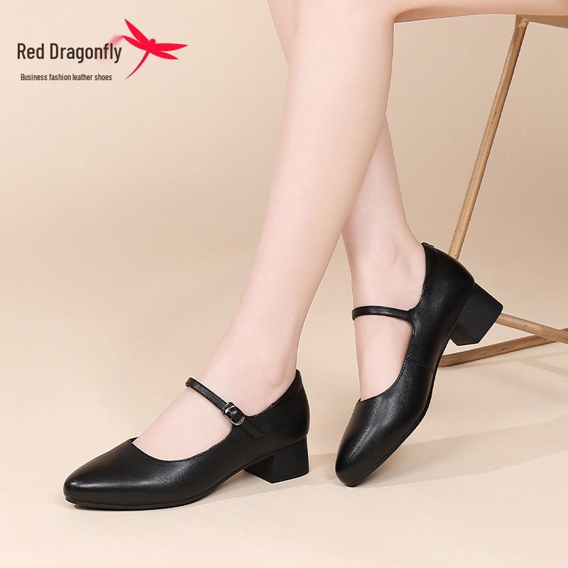Red Dragonfly Women's Genuine Leather Chunky Heel Mary Janes - Soft, Comfortable Summer High Heels