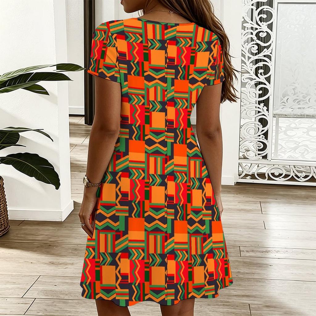 Ladies V Neck Vintage Sunflower Print Plus Size Summer Loose Dress