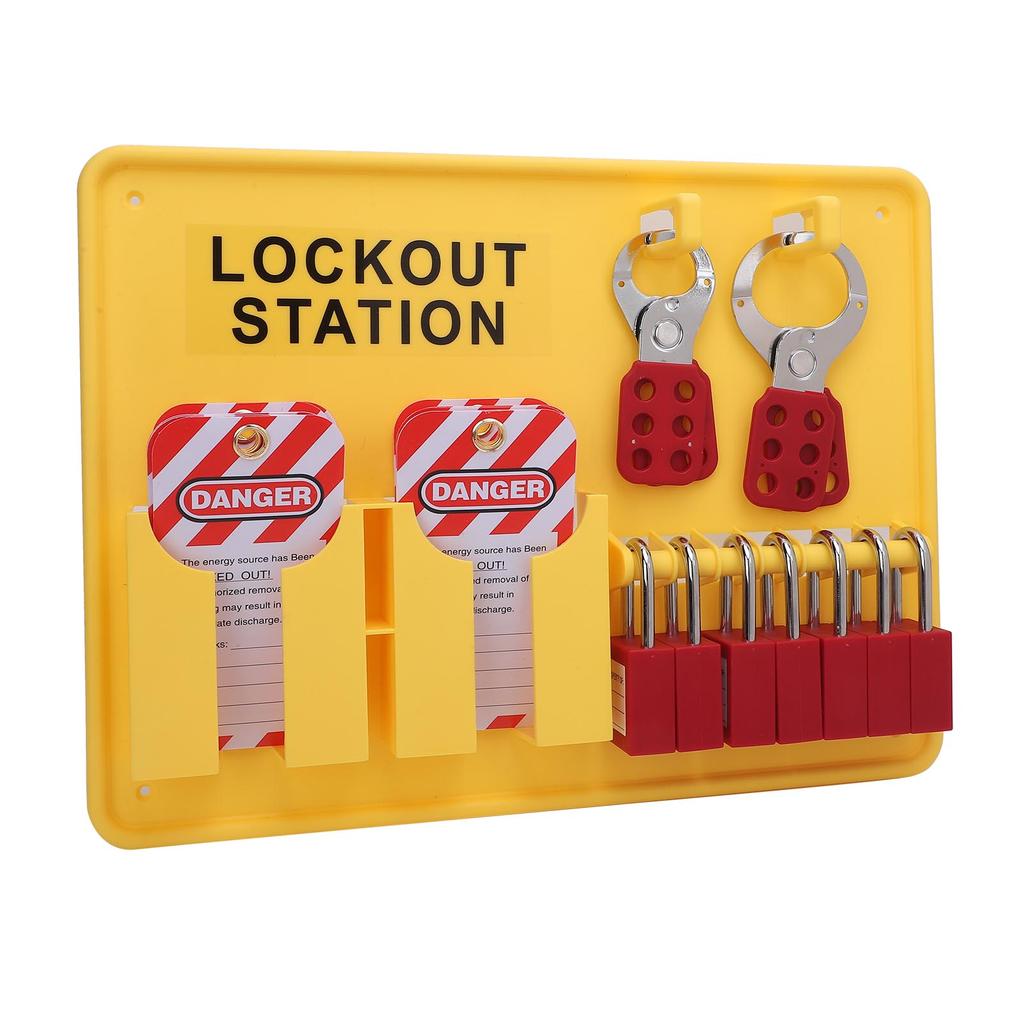 Lockout Tagout Station Kit PC PA Wall Mount Industrial Safety Lock Board Set with 10 Tags 2 Hasp Lock Yellow