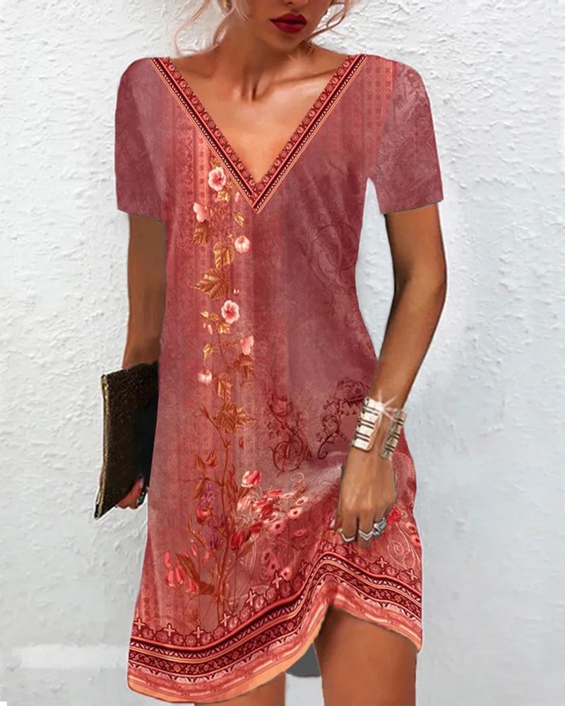 2025 Women's Ethnic Print V-Neck Short-Sleeve Dress - Spring/Summer Collection