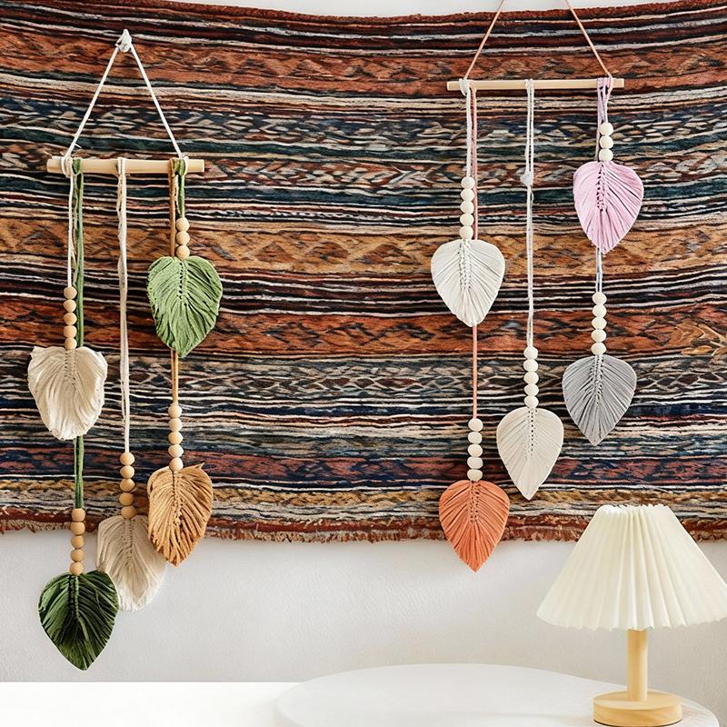 1PC Macramé Minimaliste Quatre Couleurs Bohème Mur DIY Feuille Tissé à la Main Suspendu Tapisserie Moderne Scandinave 70x25cm
