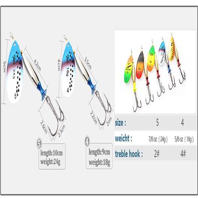 5PCS Fishing Spinner Different Color Bass Lure Bait 18g 24g Length With Treble Hook