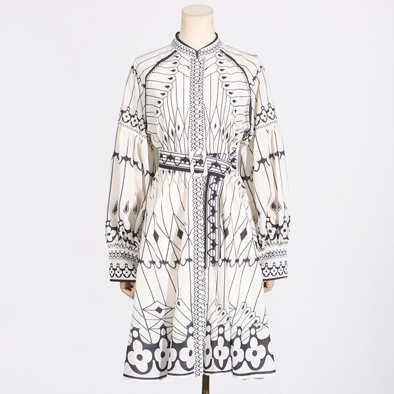 2026 spring and summer new court style elegant long-sleeved belt buckle print dress women S