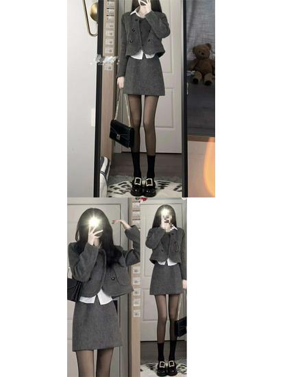 Elegant Socialite High-End Wool Suit Skirt Set - Short Jacket and Skirt for Women