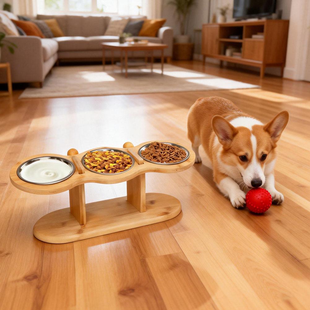 Solid Wood Elevated Pet Bowl Stand with 3 Stainless Steel Bowls for Cats and Dogs Adjustable Height Feeding Station