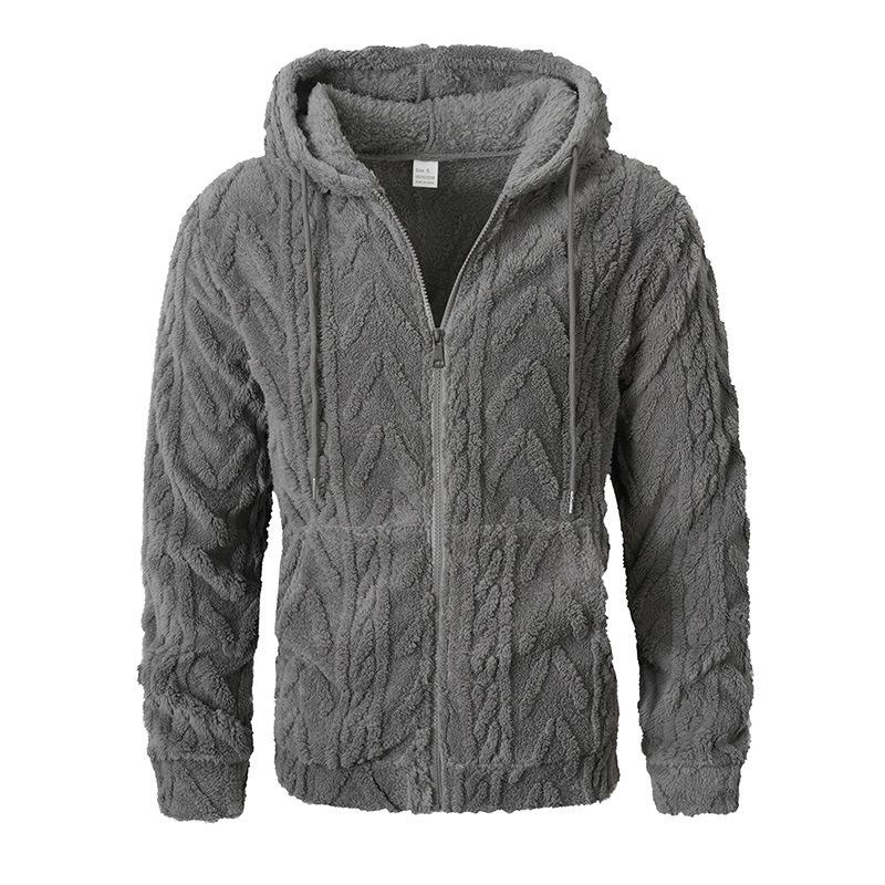 2025 Autumn/Winter European & American Men's Plush Zip-Up Hoodie - Casual Solid Color