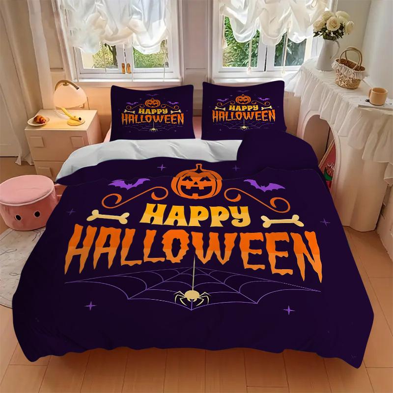 3pcs Featured Happy Halloween Theme Printed Quilt Set - Includes 1 Quilt Cover and 2 Pillowcases, Machine Washable - Suitable for All Seasons.H03