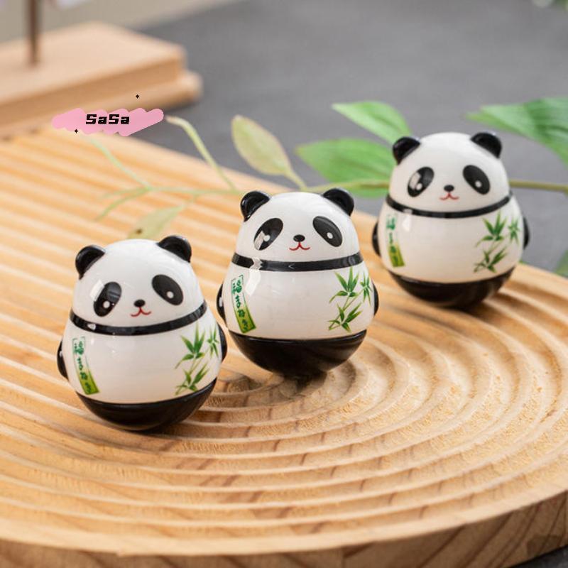S-1 Pc Japanese Ceramic Panda Doll Crafts Panda Tumbler Toy Lucky Charm Fortune Ornament Landscape Home Office Desk Decor