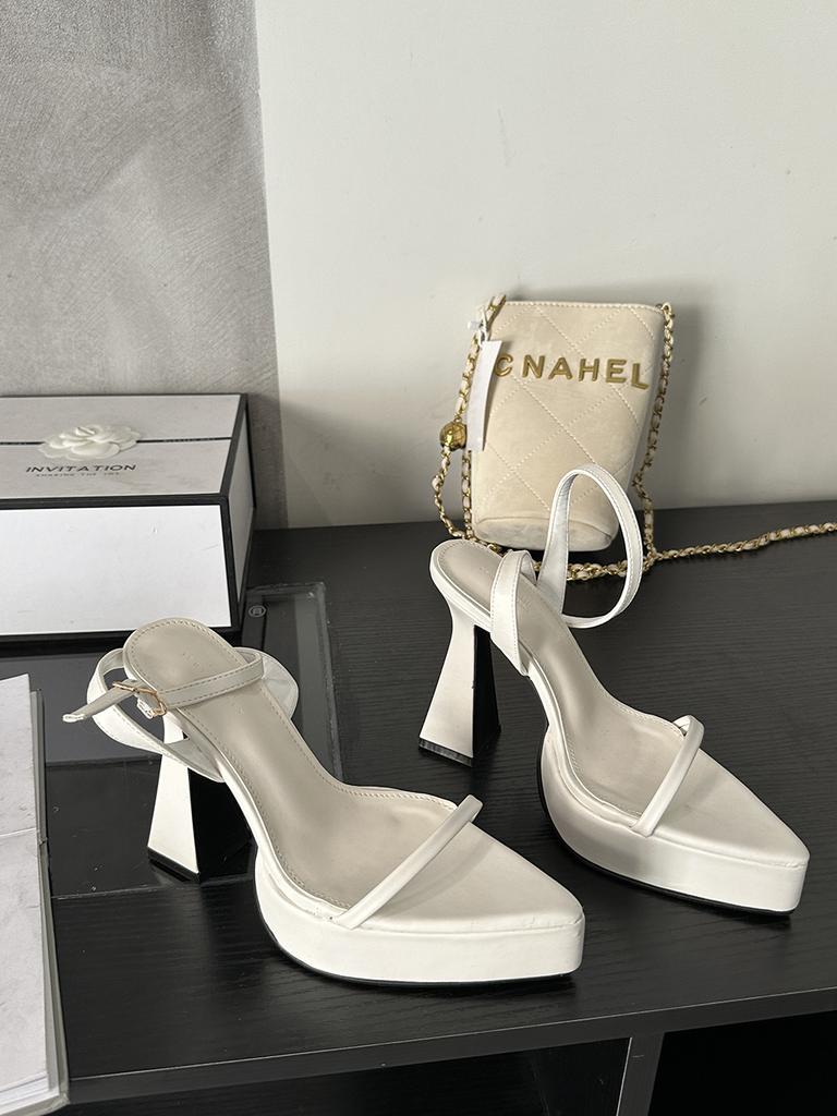 fashion Pointed Toe Women Sandals Platform Sandals Black White Silver Ankle Strap Thick High Heels Summer Slides Shoes Woman 35-39