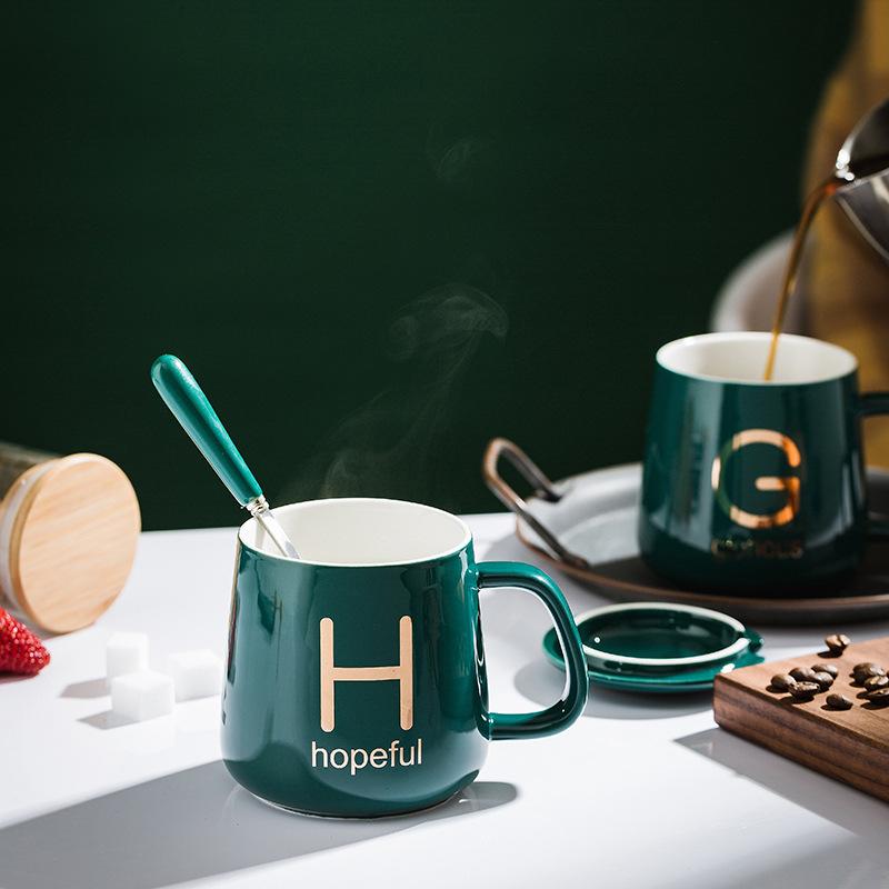 Couple Ceramic Mug with Lid Spoon Coffee Cup Office Water Cup