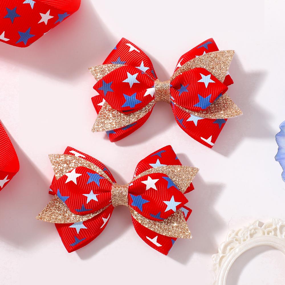 2 Stück Unabhängigkeitstag Kinder Schleifen Haarspangen Set für Frauen Mädchen Druck Stern Glitzer Schleife Haarnadel Kopfschmuck Haarschmuck