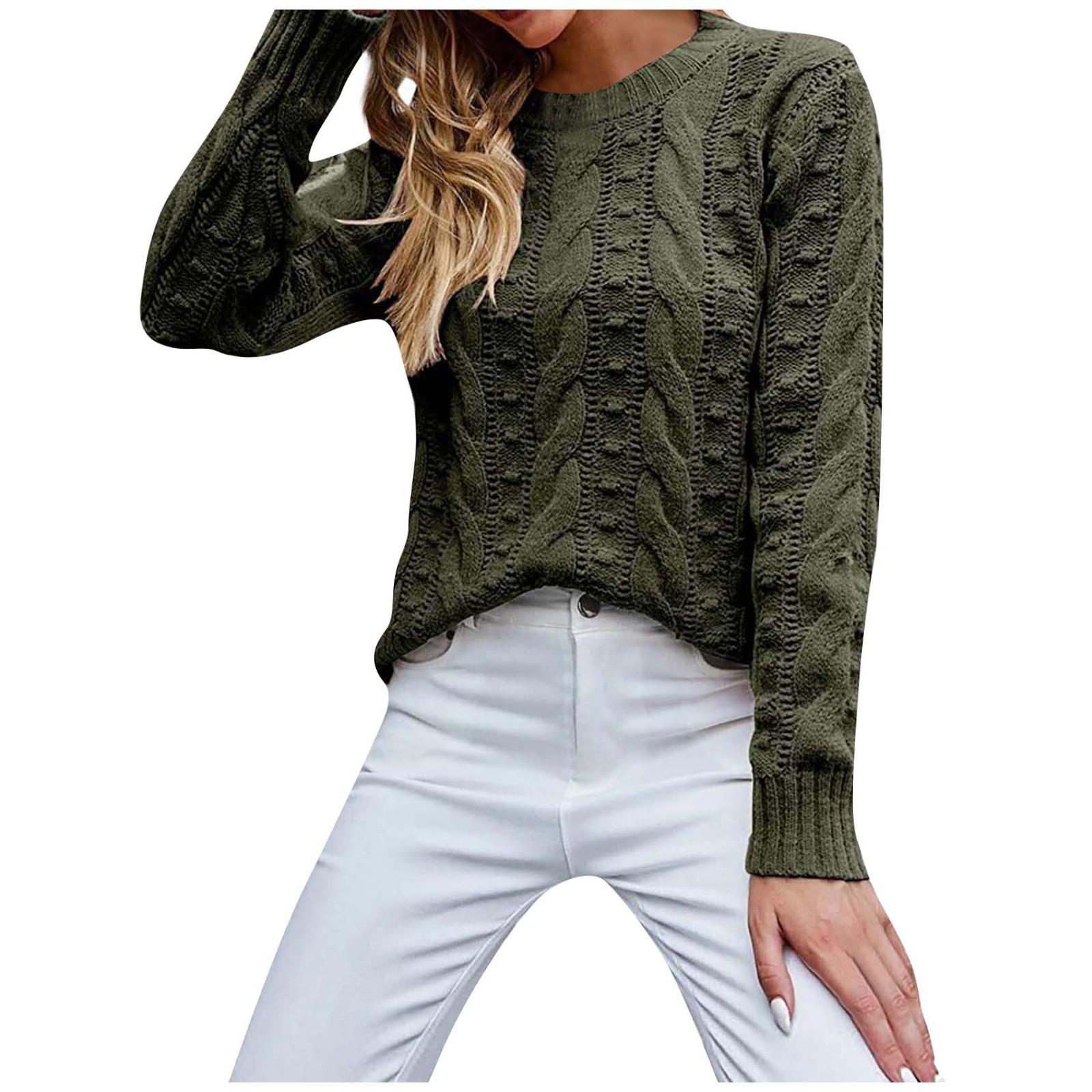 Женский однотонный пуловер с длинным рукавом и круглым вырезом вязаный топ-свитер L армия зеленый 2749₽