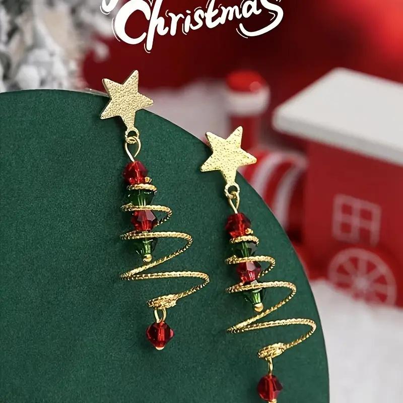 Moonfan 1 Pair Christmas Creative Multi-Layer Spring Five-Pointed Star Earrings, Fashionable Christmas Tree Stud Earrings