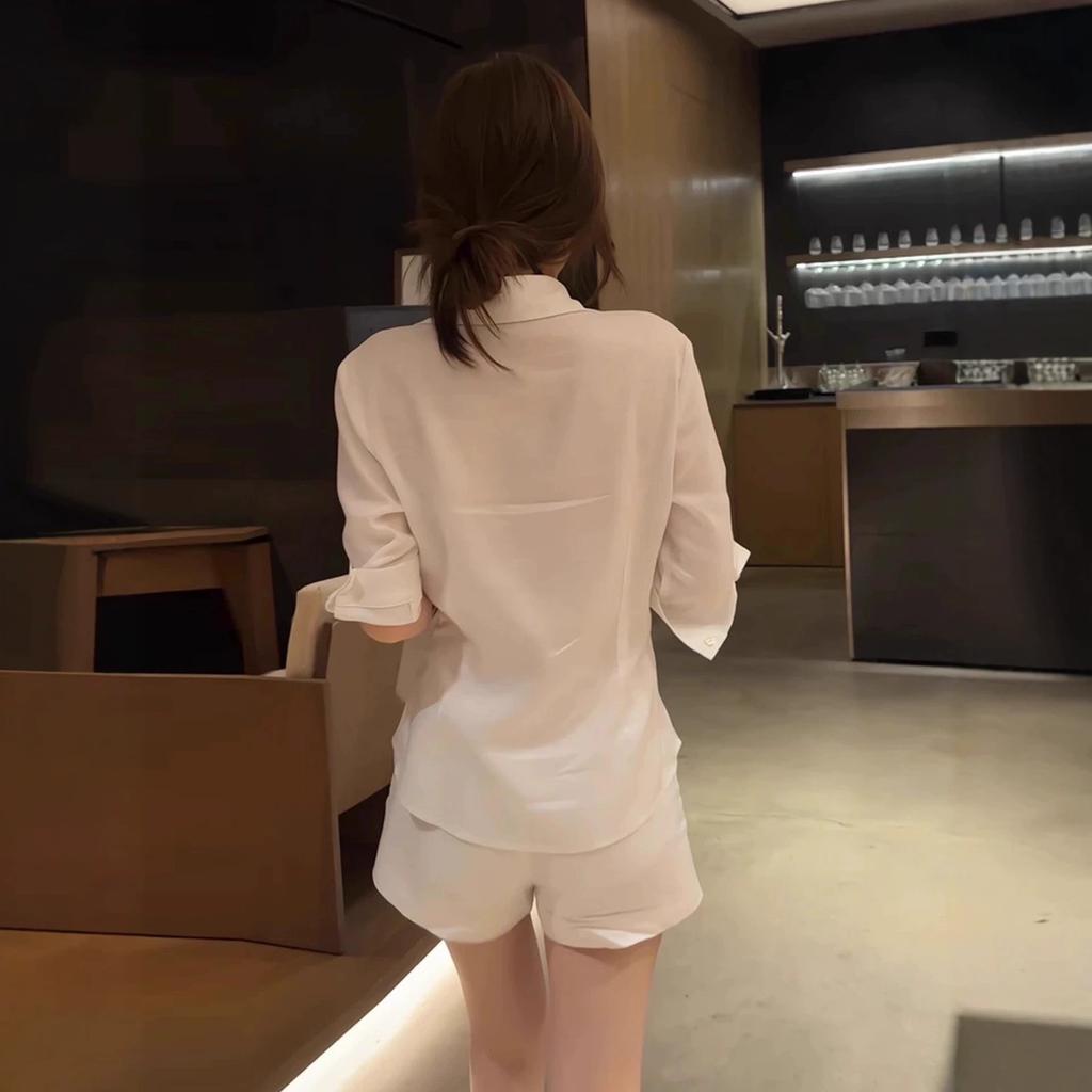 Simple white shirt women's summer slim-fitting waist pinch light cardigan jacket top