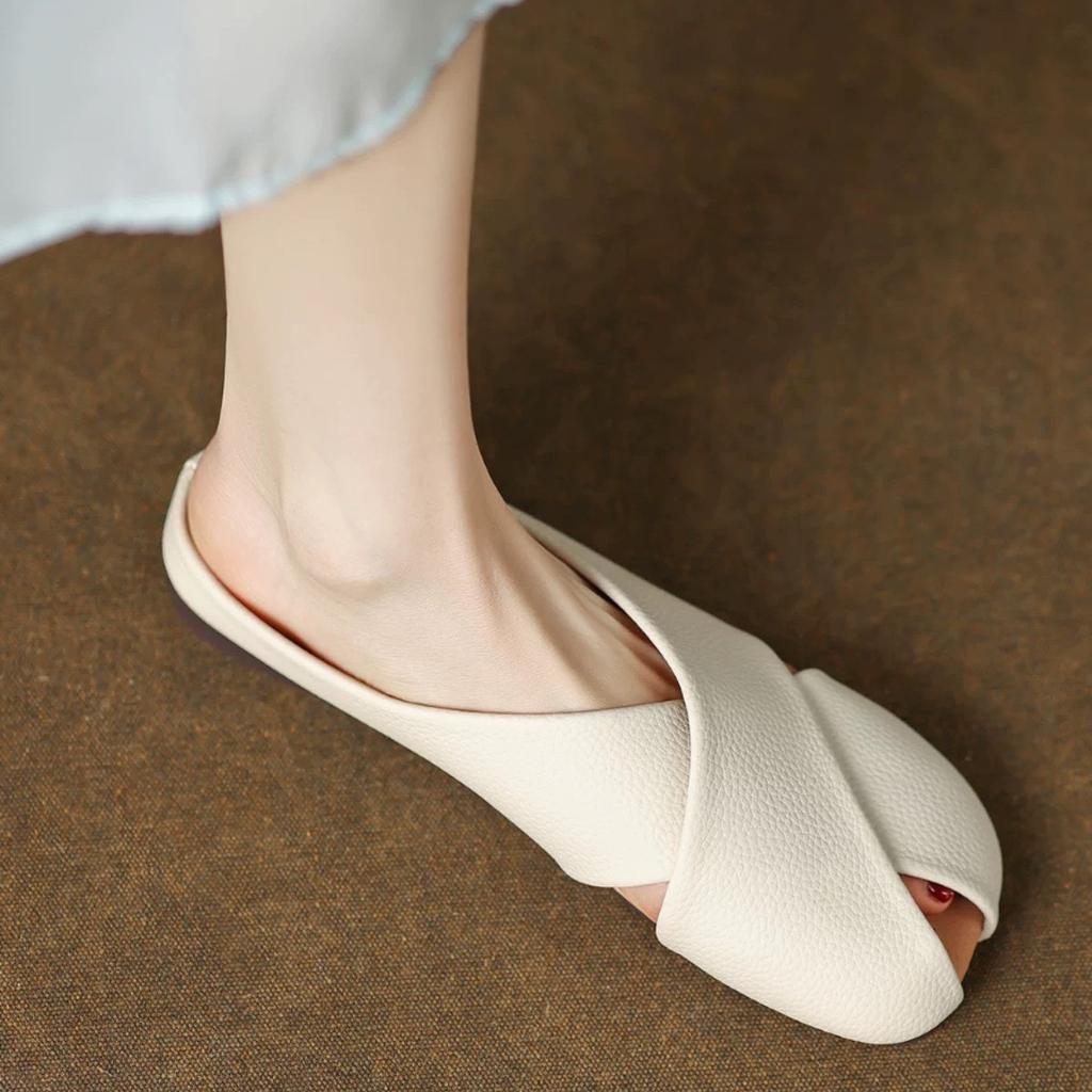 Sheepskin version~ genuine leather baotou half-drag summer outer wear hollow slippers women's soft leather fashionable versatile flat-bottomed cool