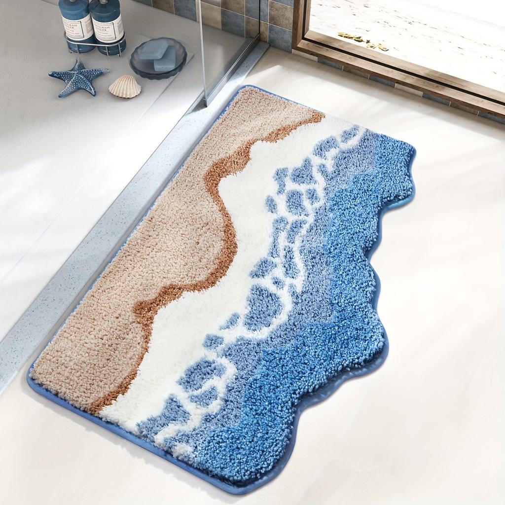 1pc Dajang Plush Bath Mat - Non-Slip, Absorbent, Machine Washable Polyester Bath Mat with Ocean Wave Design, Blue & White,Perfect for Bathroom,Toilet