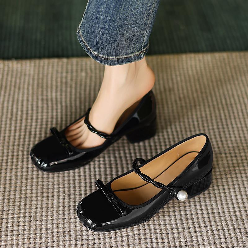 Krazing Pot Sheep Skin Spring Summer Size 41 Thick Med Heels Women Square Toe Pearl-studded Butterfly-knot Pumps