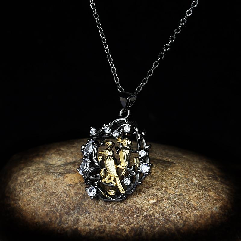 Flower Pendant Woman Vintage Art Color Separation Birds Plum Blossom Branch Necklace Short Vine Chain