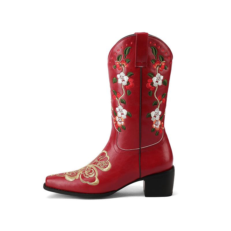Fashion IPPEUM Cowboy Boots For Women Red Embroidered Size 43 Cowgirl Outfit Shoes Calf High Boots