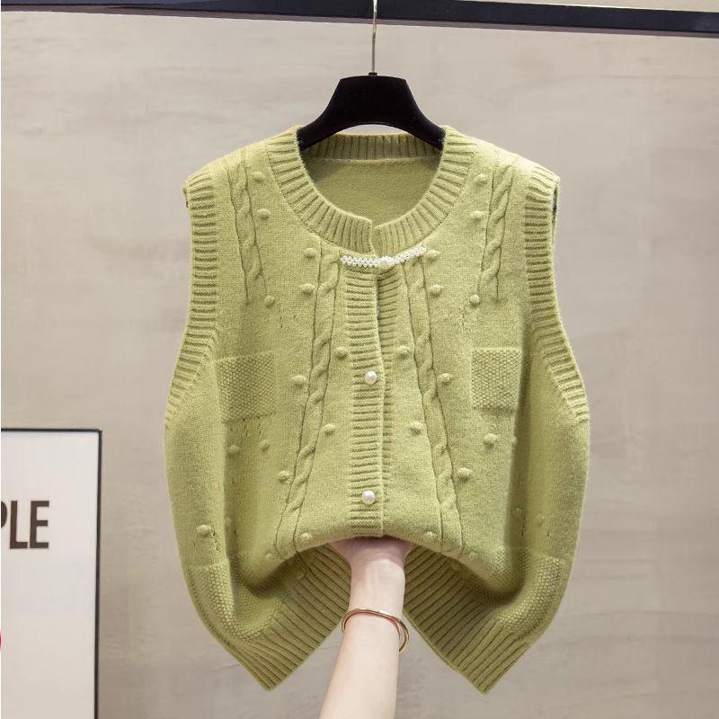 Round Neck Cardigan Chinese Style Knitted Vest Women's Spring Autumn Loose Outerwear Gilet Sweater Waistcoat