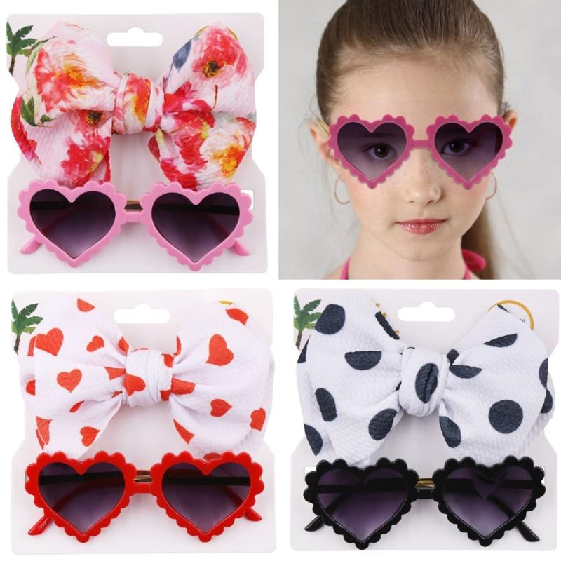 Multi-style Baby Sunglasses Headband Set Hearted Shaped Sunglasses & Bow Headband for Baby Girls Summer Outdoor Gift
