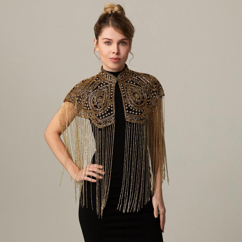 Beaded Cape Shawl Long Fringe Sequins Beaded Collar Poncho Evening Party Formal Dress Cover up Women Decorative Bolero Shrug