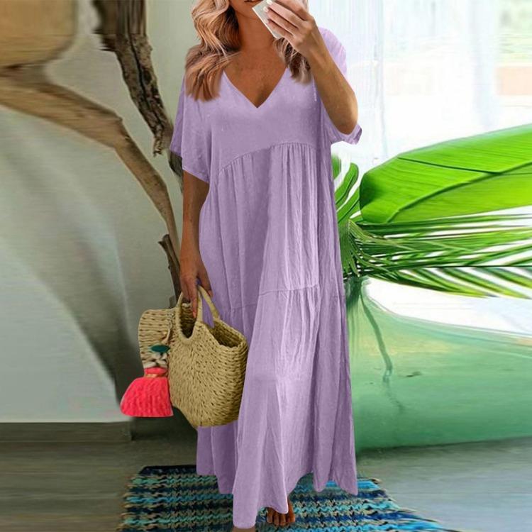 Women's Summer Fashion Large Size V-neck Solid Color Short-sleeved Loose Long Swing Dress