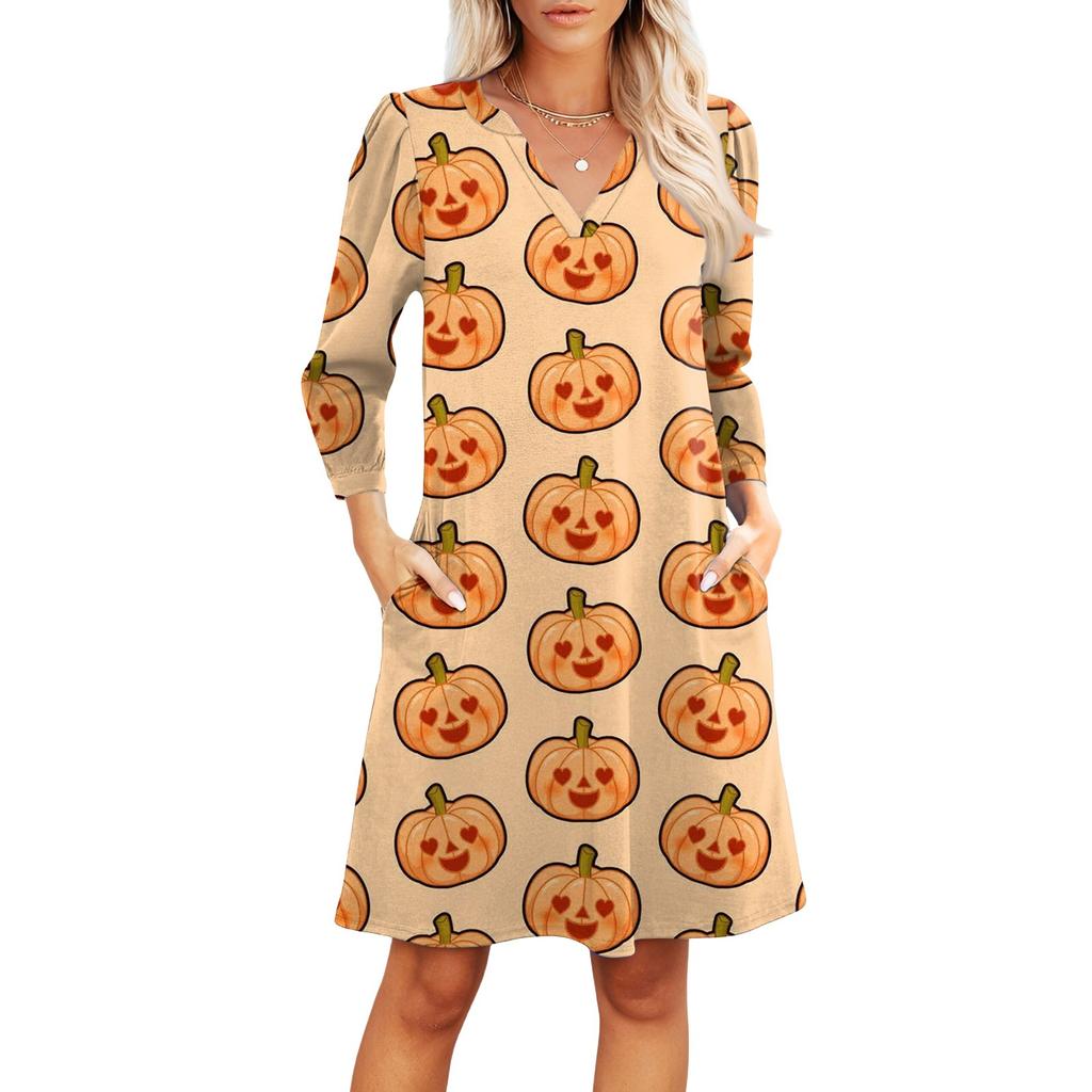 Damenmode V-Ausschnitt Lässiges Strandkleid Dreiviertelärmel Halloween-Print Kleid